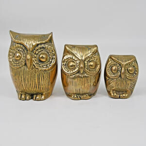Set of 3 Vintage Brass Great Horned Owl Family Figurines Paperweights 3"